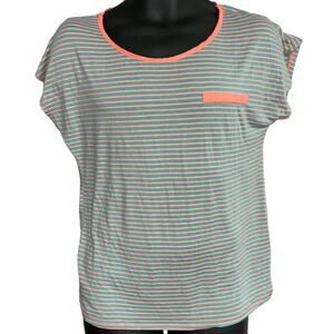 Robin-K T Shirt Women L Gray Orange Striped Scoop Neck Short Sleeve Keyhole USA